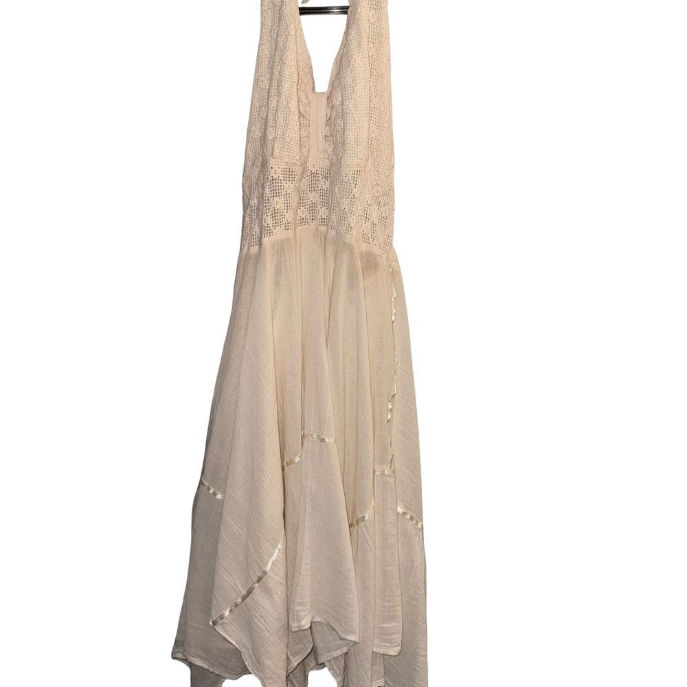 True Vintage 1970s Ivory Boho Halter Dress Crochet Lace Smocked Waist Prairie - Picture 3 of 12